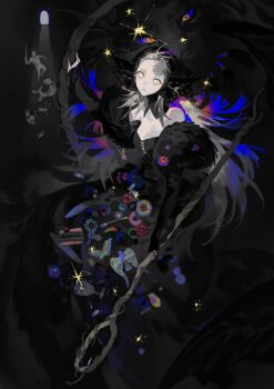 1girl ambrosia_(dungeon_meshi) artist_name bare_shoulders black_background black_dress black_fur black_headscarf black_theme blonde_hair breasts cake cake_slice candle cleavage detached_sleeves dress dungeon_meshi ear_covers eteru flower food fur_dress green_eyes hashtag-only_commentary headscarf highres holding holding_staff lion long_hair looking_at_viewer mage_staff marcille_donato marcille_donato_(lord) medium_breasts monster monster_girl multicolored_hair off-shoulder_dress off_shoulder orange_eyes parted_lips signature solo_focus sparkle staff star_(symbol) very_long_hair wimple winged_lion_(dungeon_meshi) yellow_eyes