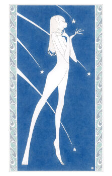 Rule 34 | 1girl, anatomical nonsense, art nouveau, blonde hair, blue background, border, colored skin, completely nude, flat chest, highres, kishi takuya, long feet, long fingers, long hair, nude, original, ornate border, skinny, solo, star (symbol), white skin