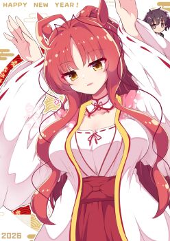 Rule 34 | 1boy, 1girl, 2026, :d, alternate costume, alternate hairstyle, animal ears, arms up, black hair, blush, breasts, brown eyes, chibi, chibi inset, cleavage, closed mouth, commentary request, company connection, cosplay, cowboy shot, dated, detached collar, dracu-riot!, eyes visible through hair, hair intakes, hakama, hakutocake, happy new year, highres, horse ears, horse girl, japanese clothes, kimono, large breasts, long hair, long sleeves, looking at viewer, mutsura yuuto, nengajou, new year, nontraditional miko, open clothes, open kimono, open mouth, outline, parted bangs, ponytail, red hair, red hakama, ribbon-trimmed sleeves, ribbon trim, short hair, sidelocks, simple background, smile, solo focus, spiked hair, split mouth, tomotake yoshino, tomotake yoshino (cosplay), very long hair, wavy hair, white background, white kimono, white outline, wide sleeves, yarai miu, yellow eyes, yuzusoft