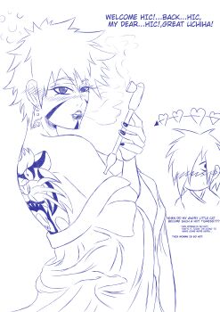 1boy 1girl absurdres back_tattoo blush breasts genderswap hetero highres japanese_clothes kimono naruto_(classic) naruto_(series) naruto_shippuuden non-web_source open_mouth senju_tobirama sexually_suggestive short_hair simple_background sketch smoking tattoo uchiha_madara