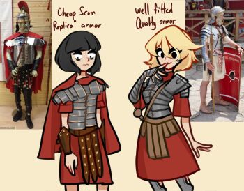 2girls armor black_eyes black_hair blonde_hair centurii-chan closed_mouth commentary english_commentary english_text highres holding holding_polearm holding_shield holding_weapon mannequin multiple_girls original photo_(object) polearm red_tunic roman_armor shield spear tunic weapon