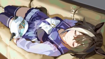 1girl absurdres animal_ears bow bowtie brown_hair cheval_grand_(umamusume) closed_eyes closed_mouth commentary_request couch hair_between_eyes hat highres horse_ears horse_girl horse_tail horseshoe_ornament lying multicolored_hair on_back on_couch peaked_cap pleated_skirt purple_sailor_collar purple_shirt purple_skirt purple_thighhighs sailor_collar sailor_shirt school_uniform shirt short_hair short_hair_with_long_locks skirt solo squeans streaked_hair tail thighhighs tracen_school_uniform umamusume unworn_hat unworn_headwear white_bow white_bowtie white_hat white_streaks yoojp