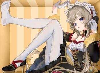 Rule 34 | 1girl, black dress, black shoes, blue eyes, bonnet, brown hair, commentary request, detached sleeves, dress, genshin impact, gloves, half gloves, hands up, high heels, highres, knees up, long hair, long sleeves, looking at viewer, pantyhose, parted lips, pinocle, sandrone (genshin impact), shoes, single shoe, sitting, solo, white bonnet, white gloves, white pantyhose