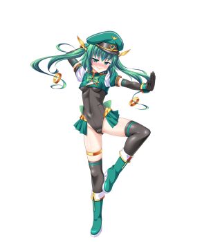 Rule 34 | 1girl, aoi masami, aqua eyes, black gloves, black thighhighs, blush, boots, breasts, covered erect nipples, covered navel, elbow gloves, full body, game cg, gloves, green eyes, green hair, hat, highres, knight lapis, large variant set, leotard, long hair, looking at viewer, magical girl, nina wang rockford, non-web source, official art, peaked cap, small breasts, solo, standing, standing on one leg, tachi-e, thighhighs, transparent background, ts magical girl nao, twintails, variant set