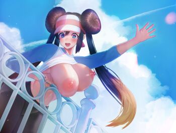 1girl against_railing balcony black_hair black_pants blonde_hair blue_eyes blush breasts breasts_out bright_pupils clothes_lift double_bun hair_bun highres large_breasts leaning_forward leggings long_hair long_twintails multicolored_hair nintendo nipples noperori open_mouth outdoors pants pokemon pokemon_bw2 public_indecency public_nudity railing rosa_(pokemon) shirt_lift sky solo standing twintails visor_cap waving white_pupils