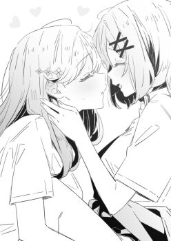 2girls after_kiss amaori_renako between_legs blush closed_eyes collared_shirt commentary greyscale hair_ornament hairclip hand_on_another's_neck highres long_hair lwmina70119 medium_hair monochrome multiple_girls open_mouth profile saliva saliva_trail sena_ajisai shirt tongue tongue_out watashi_ga_koibito_ni_nareru_wake_naijan_murimuri! yuri