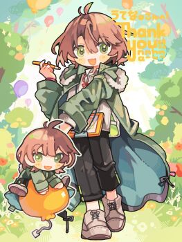 1girl :d absurdres ankle_boots black_pants blush_stickers boots brown_boots brown_hair brown_jacket chibi collared_shirt commentary commission fang full_body green_eyes hair_between_eyes highres holding holding_pencil jacket lace-up_boots long_sleeves looking_at_viewer multiple_views open_clothes open_jacket open_mouth original pants pencil shirt short_hair signature skeb_commission skin_fang smile standing tabunnanhun thank_you white_shirt