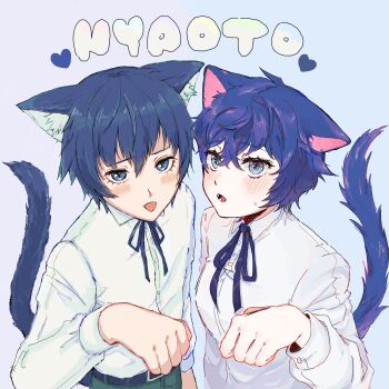 1girl animal_ears blue_hair blue_ribbon blush cat_ears cat_tail commentary eyelashes highres kemonomimi_mode multiple_views paw_pose persona persona_4 ribbon shirogane_naoto shirt short_hair tail tongue tongue_out upper_body usa_(kawaii_152cm) white_shirt