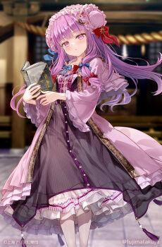 1girl blue_bow blurry blurry_background book bow dress floating_hair frilled_hairband frills fujima_takuya hair_bow hairband holding holding_book long_hair long_sleeves looking_at_viewer official_art outdoors pantyhose parted_lips patchouli_knowledge purple_eyes purple_hair red_bow standing touhou white_pantyhose wide_sleeves