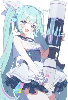 1girl :d bare_shoulders black_sailor_collar blue_archive blue_eyes blush buttons center_frills commentary_request cowboy_shot dated dress frilled_dress frills green_hair hair_intakes hair_ribbon hasei_(hasei01) hatsune_miku hatsune_miku_(blue_archive) highres long_hair looking_at_viewer multicolored_hair open_mouth pink_streaks qr_code ribbon sailor_collar sailor_dress scrunchie short_dress simple_background sleeveless sleeveless_dress smile solo sparkle streaked_hair swept_bangs twintails twitter_username vocaloid white_background white_dress white_ribbon white_scrunchie wrist_scrunchie