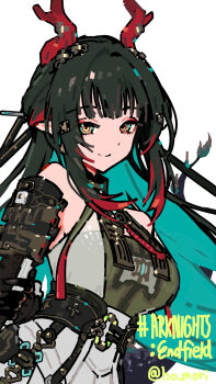 Rule 34 | 1girl, arknights, arknights: endfield, bare shoulders, black hair, colored inner hair, dragon girl, dragon horns, eastern dragon horns, green eyes, harurie, highres, horns, long hair, multicolored eyes, multicolored hair, pointy ears, simple background, solo, two-tone hair, upper body, white background, zhuang fangyi (arknights)