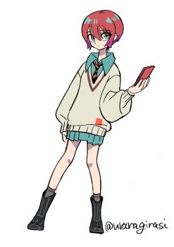 1girl amate_yuzuriha aqua_eyes aqua_shirt aqua_skirt artist_name black_boots boots cellphone full_body gundam gundam_gquuuuuux hair_between_eyes highres holding holding_phone looking_at_viewer necktie phone pleated_skirt red_hair shirt short_hair simple_background skirt smartphone solo standing striped_necktie sweater uranagi_(uranaginasi) white_background white_sweater