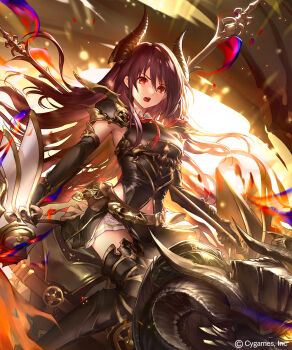 1girl armor armpits black_gloves black_overskirt breastplate brown_hair demon_horns dragon dual_wielding elbow_gloves forte_(shingeki_no_bahamut) glitter gloves greaves hair_between_eyes highres holding holding_polearm holding_weapon horns lance liiko long_hair midriff_peek open_mouth overskirt pleated_skirt polearm red_eyes shadowverse shadowverse:_worlds_beyond shirt shoulder_armor skirt sleeveless sleeveless_shirt solo teeth upper_teeth_only weapon white_skirt