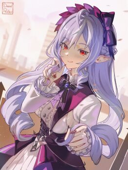 1girl ahoge black_skirt blurry blurry_background bow bowtie breasts center_frills closed_mouth commentary cowboy_shot dazed_pedler dress english_commentary fingernails frills gem hair_between_eyes highres long_hair long_sleeves looking_at_viewer mole mole_under_eye multicolored_hair nail_polish parted_bangs pointy_ears purple_bow purple_bowtie purple_gemstone purple_hair purple_nails red_eyes shrug_(clothing) sideboob sideboob_cutout skirt small_breasts smile solo streaked_hair twirling_hair vivian_banshee white_dress white_shrug zenless_zone_zero