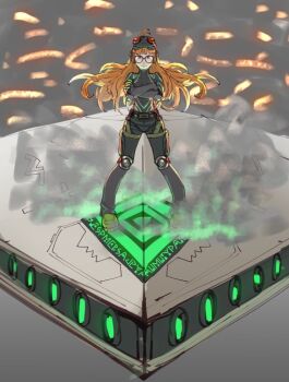 1girl ahoge antenna_hair black_pants black_shirt blunt_bangs boots collarbone crossed_arms elbow_pads floating_hair glasses gloves glowing goggles goggles_on_head green_footwear gunbuster_pose knee_armor looking_at_viewer multicolored_gloves necronomicon_(persona_5) oracle_(persona_5) orange_hair pants persona persona_5 poechan_chan purple_eyes red-tinted_eyewear sakura_futaba shirt skin_tight smile spacecraft tinted_eyewear