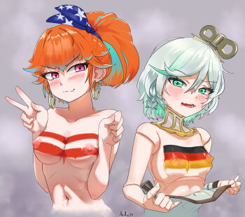 2girls arrax_(wdah8558) austrian_flag blush bodypaint breasts breasts_squeezed_together cecilia_immergreen colored_inner_hair detached_collar doll_joints earrings german_flag green_eyes green_hair grey_hair hair_between_eyes hands_up highres hololive hololive_english hoop_earrings jewelry joints long_hair looking_at_viewer medium_breasts multicolored_hair multiple_girls naked_paint navel nipples nude open_mouth orange_hair purple_eyes saliva short_hair signature simple_background small_breasts smile smirk streaked_hair takanashi_kiara undressing upper_body v virtual_youtuber winding_key