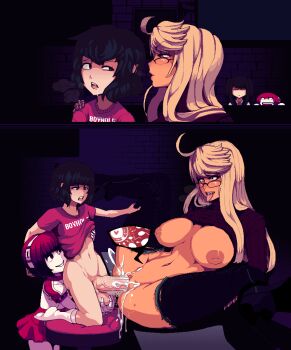 1boy 3girls age_difference ahegao ahoge alma_armas bar_stool black_hair blonde_hair blunt_bangs bob_cut bottomless boxman breasts breasts_apart breath brick_wall caressing_testicles character_request clitoris clothed_sex clothes_lift comic constricted_pupils cross-section cum cum_in_pussy cum_overflow dark_areolae dark_nipples dark_skin dorothy_haze drooling ejaculation fertilization ffm_threesome flirting fucked_silly glasses group_sex hairband heavy_breathing hetero highres huge_ahoge huge_breasts huge_penis huge_testicles impregnation instant_loss internal_cumshot inverted_nipples jill_stingray jitome kneeling large_breasts large_penis licking_lips long_hair looking_at_another looking_over_eyewear mechanical_hands microskirt multiple_girls nipple_stimulation nipple_tweak nipples no_bra no_shoes official_style onee-shota open_mouth over-rim_eyewear ovum pants penis pink_eyes pink_hair pixel_art prosthesis prosthetic_hand purple_eyes pussy reach-around ribbed_sweater rolling_eyes running_bond school_uniform semi-rimless_eyewear sex short_hair shota silent_comic skirt socks sperm_cell spread_legs stool sweater sweater_lift swept_bangs testicles threesome tongue tongue_out torn_clothes torn_pants uncensored va-11_hall-a vaginal veins veiny_penis white_legwear