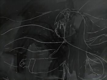 1girl chalk_(medium) commentary from_side long_hair long_sleeves monochrome mushroom_on_head object_on_head owouwuwow profile shimeji_simulation solo tsukishima_shijima upper_body