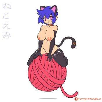 1girl animal_ears animated animated_gif ball bell black_gloves black_thighhighs blue_hair bouncing_breasts breasts cat_ears cat_girl cat_tail collar elbow_gloves emi_(twistedgrim) english_text exercise_ball facial_mark female_focus gloves japanese_text jewelry large_areolae large_breasts leggings looking_at_viewer neck_bell necklace nipples original pink_eyes pussy shoes smile solo tail tail_bell tail_ornament thighhighs twistedgrim watermark whisker_markings white_background yarn