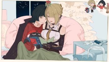 Rule 34 | 2girls, absurdres, aerial fireworks, astra yao, bangboo (zenless zone zero), black gloves, black hair, blonde hair, bluhbold, book, breasts, christmas tree, closed mouth, coat, coat on shoulders, collared shirt, commentary, elbow gloves, english commentary, evelyn chevalier, fireplace, fireworks, gift, gloves, hair over one eye, highres, holding, holding book, indoors, large breasts, long hair, multiple girls, night, open mouth, purple eyes, reading, red eyes, red sweater, shirt, smile, snap (zenless zone zero), sweater, white shirt, yuri, zenless zone zero