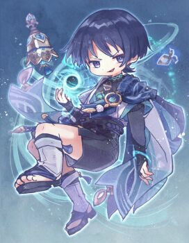 1boy aqua_background aqua_gemstone aqua_halo arm_at_side armor bell belt black_belt black_bodysuit black_bow black_sandals black_shorts blue_cape blue_kimono blue_sleeves blunt_ends body_markings bodysuit bow bridal_gauntlets cape clothing_cutout commentary_request eyeliner eyeshadow feathers frown full_body furisode gem genshin_impact glowing_markings gold grey_bridal_gauntlets grey_hair gurumin_(gurruguru) hakama hakama_shorts halo halo_behind_head hand_up hip_vent japanese_armor japanese_clothes juban kimono knee_up kote kurokote layered_sleeves leg_warmers makeup male_focus mandarin_collar open_clothes open_hands open_kimono open_mouth pleated_shorts pom_pom_(clothes) purple_eyes purple_pupils purple_rope purple_sash red_eyeliner red_eyeshadow rope sandals sash scaramouche_(genshin_impact) short_sleeves shorts shoulder_peek single_bridal_gauntlet smirk solo stirrup_legwear tassel toeless_legwear toes tulaytullah&#039;s_remembrance_(genshin_impact) vision_(genshin_impact) vortex wanderer_(genshin_impact) white_kimono white_leg_warmers white_sleeves white_trim wind wispy_bangs yellow_feathers zouri