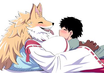 1boy 1girl animal_ears animal_nose blush body_fur breasts closed_eyes fangs fox_ears fox_girl furry furry_female hakama hakama_skirt highres holding japanese_clothes kimono large_breasts long_hair mamiyama miko multicolored_fur open_mouth orange_fur original red_hakama shrine skirt smile snout sweatdrop translated two-tone_fur white_fur white_kimono wide_sleeves