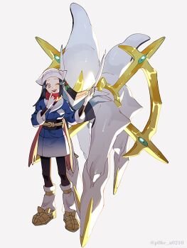 1girl akari_(pokemon) arceus black_hair black_pantyhose blue_jacket blue_sky commentary full_body gen_4_pokemon headscarf highres jacket legendary_pokemon mythical_pokemon nintendo one_eye_closed p0ke_a0210 pantyhose pokemon pokemon_(creature) pokemon_legends:_arceus red_eyes simple_background sky standing white_background white_headscarf