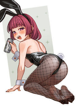 1girl :d absurdres all_fours alternate_costume animal_ears ass black_leotard black_nails black_pantyhose bocchi_the_rock! cameltoe can earrings fake_animal_ears fake_tail feet fishnet_pantyhose fishnets from_behind full_body hakai_no_ika highres hiroi_kikuri holding holding_can jewelry legs leotard nail_polish no_shoes open_mouth paid_reward_available pantyhose playboy_bunny purple_eyes rabbit_ears rabbit_tail red_hair sharp_teeth smile soles solo tail teeth toenail_polish toenails toes triangle_earrings wrist_cuffs