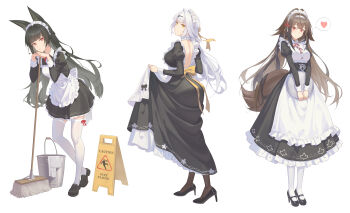 3girls absurdres alternate_costume animal_ear_fluff animal_ears apron backless_dress backless_outfit black_dress black_hair black_shoes breasts brown_hair brown_tail bucket closed_mouth collar commentary_request dress droopy_ears enmaided fox_ears fox_girl frilled_collar frilled_dress frilled_hairband frills from_side full_body hair_ornament hairband hairpin heart highres hoshimi_miyabi large_breasts long_hair looking_at_viewer maid maid_apron maid_headdress mary_janes medium_breasts multiple_girls open_mouth red_eyes ribbon shengkai167 shoes sign simple_background single_hair_intake skirt_hold smile spoken_heart tail thighhighs very_long_hair warning_sign white_apron white_background white_hair white_thighhighs ye_shunguang yellow_eyes yellow_ribbon yixuan_(zenless_zone_zero) zenless_zone_zero