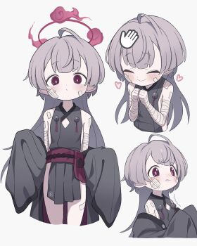 Rule 34 | 1girl, bandaged arm, bandages, bandaid, bandaid on leg, blue archive, closed eyes, closed mouth, cursor, dot nose, gauze, gauze on cheek, gauze on face, grey hair, halo, headpat, heart, highres, ketsu juuji killer (kejuki), long hair, looking at viewer, pointy ears, red eyes, red halo, shuro (blue archive), simple background, tearing up, trembling, white background