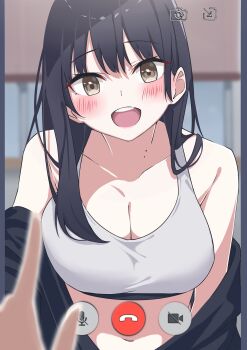 1boy 1girl absurdres bare_shoulders black_hair blush boku_no_kokoro_no_yabai_yatsu breasts brown_eyes crop_top day highres huge_breasts indoors long_hair looking_at_viewer mizumok1 mole mole_on_neck navel off_shoulder open_clothes open_mouth sleeveless solo_focus viewfinder yamada_anna