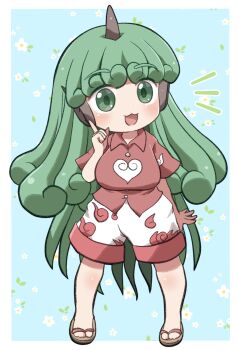 1girl :3 :d blue_background blush border breasts brown_sandals collared_shirt commentary_request curly_hair floral_background full_body green_eyes green_hair hand_up highres horns index_finger_raised komainu_ears komainu_girl komano_aunn long_hair looking_at_viewer notice_lines open_mouth outside_border red_shirt rokugou_daisuke sandals shirt short_sleeves shorts signature single_horn smile solo standing touhou white_border white_shorts
