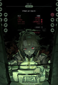1girl absurdres blonde_hair can commentary_request don_quixote_(project_moon) drink_can energy_drink highres holding_stamp korean_commentary korean_text limbus_company looking_at_viewer medium_hair papers_please project_moon redday0365 sancho_(project_moon) solo user_interface vampire