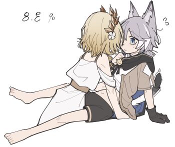 2girls absurdres aged_down aglaea_(honkai:_star_rail) ancient_greek_clothes animal_ears bare_shoulders between_legs blonde_hair blue_eyes blush cat_ears cat_girl cat_tail cipher_(honkai:_star_rail) cipher_(in_pursuit_of_the_wind)_(honkai:_star_rail) cloak clothes_lift flower gloves greco-roman_clothes grey_hair hair_flower hair_ornament hand_on_another's_stomach highres honkai:_star_rail honkai_(series) hood hooded_cloak laurel_crown laurels multiple_girls navel sapo_(bananilsonfarofa) shirt_lift short_hair shorts sweat tail tunic undressing_another yuri