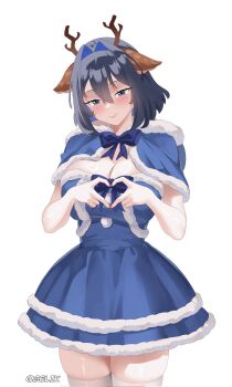 1girl animal_ears antlers blue_dress blue_eyes blue_hair bow breasts capelet cleavage commentary deer_ears dress gelik hair_intakes heart heart_hands highres hololive hololive_english horns large_breasts looking_down ouro_kronii reindeer_antlers santa_costume santa_dress solo symbol-only_commentary thick_thighs thighs virtual_youtuber