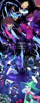 4girls 6+boys 6+others absurdres androgynous animal_ears anniversary antlers armored_boots arms_behind_back artist_name beak berdly_(dark_world)_(deltarune) berdly_(deltarune) bird_boy black_eyes blonde_hair blue_skin blue_tongue blush_stickers body_fur boots brown_hair buck_teeth button_eyes buttons c._round cap&#039;n_(deltarune) cape castle clover_(deltarune) cocktail_glass colored_sclera colored_skin colored_tongue commentary_request copyright_name crossed_legs cup deer_girl deltarune diffraction_spikes digital_dissolve drinking_glass everyone fangs fewer_digits freckles furry giga_queen_(deltarune) glasses gloves hat head_hathy_(deltarune) heart heterochromatic_eyewear high_heels highres hooves horns jester_cap jevil k_k_(deltarune) king_(deltarune) kris_(dark_world)_(deltarune) kris_(deltarune) lancer_(deltarune) long_hair looking_up mole mole_under_eye multiple_boys multiple_girls multiple_others no_eyes no_pupils noelle_holiday noelle_holiday_(dark_world) nubert_(deltarune) one-eyed open_mouth pointy_ears pointy_nose purple_hair purple_skin queen_(deltarune) ralsei rayman_limbs round_eyewear rouxls_kaard rudinn_ranger_(deltarune) scarf scythe seam_(deltarune) sharp_teeth short_hair sitting snout spade_(shape) spamton_g._spamton spamton_neo starwalker_(deltarune) sunglasses susie_(dark_world)_(deltarune) susie_(deltarune) swatchling_(deltarune) sweet_(deltarune) sweet_cap&#039;n_cakes_(deltarune) tasque_manager teeth tinted_eyewear tongue tongue_out utdr_(toby_fox) white_hair wings worm x_arms yellow_eyes yellow_sclera yellow_skin yojio_(2188)