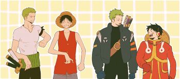 Rule 34 | 2boys, bandana around arm, black bodysuit, black hair, blue gloves, bodysuit, coat, cowboy shot, facial scar, gloves, gohan ooo, green eyes, grin, haramaki, hat, headphones, jacket, katana, looking at another, male focus, monkey d. luffy, multiple boys, multiple views, official alternate costume, one piece, open clothes, open jacket, open mouth, red coat, red gloves, red vest, roronoa zoro, scar, scar on cheek, scar on face, sheath, sheathed, shirt, short hair, smile, straw hat, sword, sword on back, unworn hat, unworn headwear, vest, weapon, weapon on back, white shirt
