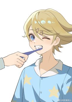 Rule 34 | 1boy, absurdres, bisho imobing hito, blonde hair, blue eyes, blue shirt, brushing teeth, buttons, commentary request, hair ornament, hairclip, highres, kuma (human) (persona 4), kuma (persona 4), male focus, one eye closed, pajamas, persona, persona 4, shirt, short hair, simple background, toothbrush, white background