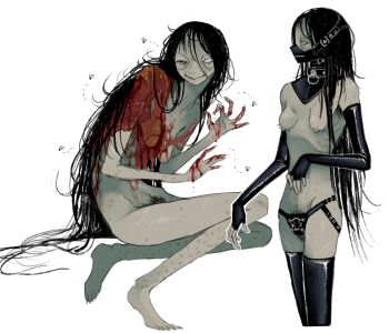 1girl armpit_hair black_gloves black_hair black_mask black_panties black_thighhighs blood breasts bug closed_mouth flesh fly gloves guro heterochromia highres insect jejejunum jejenum_(jejejunum) latex latex_gloves latex_mask latex_panties latex_thighhighs leg_hair long_hair mask multiple_views nipples old old_woman original pale_skin panties partially_blind pubic_hair simple_background small_breasts smile solo thighhighs underwear very_long_hair white_background