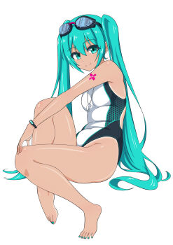 Rule 34 | 1girl, absurdres, aqua eyes, aqua hair, aqua nails, barefoot, breasts, commentary request, competition swimsuit, full body, goggles, goggles on head, hatsune miku, highleg, highleg one-piece swimsuit, highres, lifeguard, looking at viewer, multicolored swimsuit, nail polish, one-piece swimsuit, one-piece tan, simple background, sitting, small breasts, solo, swimsuit, tan, tanline, tattoo, toenail polish, toenails, twintails, vocaloid, whistle, whistle around neck, white background, white one-piece swimsuit, yurizuku owl