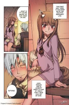 1boy 1girl animal_ears bare_legs blush closed_eyes colorized craft_lawrence dress english_text fang fang_out holo jewelry koume_keito long_hair necklace official_art orange_hair red_eyes short_dress sitting sitting_on_table smile spice_and_wolf tail third-party_edit white_hair wolf_ears wolf_girl wolf_tail