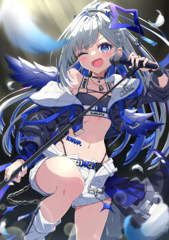 1girl absurdres amane_kanata amane_kanata_(lock_on) bare_shoulders belt black_choker black_jacket black_sports_bra blue_hair blue_halo blue_wings blush breasts choker collarbone commentary_request crossed_bangs earrings gradient_hair gradient_wings grey_hair hair_between_eyes halo heart highres holding holding_microphone holding_microphone_stand hololive jacket jewelry kashiwagi_yume long_hair long_sleeves looking_at_viewer microphone microphone_stand midriff mini_wings multicolored_hair multicolored_wings navel necklace o-ring o-ring_choker official_alternate_costume one_eye_closed open_mouth parted_bangs purple_eyes ring short_shorts shorts single_hair_intake small_breasts smile solo sports_bra star_(symbol) star_halo stomach thighs tilted_halo virtual_youtuber watermark white_belt white_hair white_shorts wings