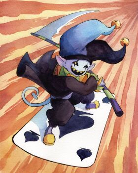 1boy black_hat black_shirt blue_hat boots card deltarune full_body hat highres holding holding_scythe jester_cap jevil mosqi multicolored_boots multicolored_hat playing_card pointy_ears purple_boots scythe sharp_teeth shirt smile tail teeth utdr_(toby_fox) yellow_boots yellow_eyes