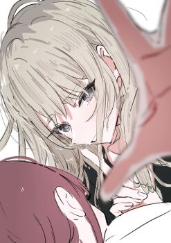 2girls blurry blush brown_hair commentary depth_of_field finger_to_mouth girls_band_cry grey_eyes grey_hair highres iseri_nina kasasagi_(futagodori888) kawaragi_momoka long_hair multicolored_hair multiple_girls open_mouth roots_(hair) shushing sidelocks symbol-only_commentary