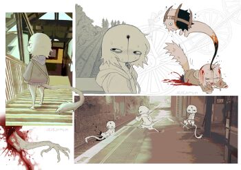 2others attempted_suicide bench bird_legs blood blood_splatter building creature ember_(jejejunum) facial_mark forehead_mark guro half-closed_eyes highres hood hoodie injury jejejunum multiple_others no_mouth no_nose on_bench original outdoors plant railroad_tracks running severed_leg severed_limb sitting stairs sweat tail talons train tree wheel