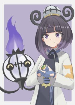 1girl absurdres belt belt_buckle black_dress black_hair blue_gloves bob_cut border buckle chandelure closed_mouth coat commentary_request dress eyelashes gen_5_pokemon gloves gradient_hair gwynn_(pokemon) hat highres holding holding_poke_ball long_sleeves looking_at_viewer multicolored_hair naharusu0808 nest_ball nintendo o-ring o-ring_belt open_clothes open_coat outside_border own_hands_together partially_fingerless_gloves poke_ball pokemon pokemon_(creature) pokemon_legends:_z-a purple_background purple_eyes purple_hair short_hair smile upper_body white_border white_coat