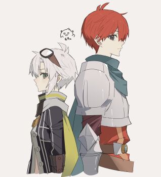 Rule 34 | 1boy, 1girl, adol christin, armor, back-to-back, belt, breastplate, commentary, company connection, eiyuu densetsu, falcom, fie claussell, george man, goggles, goggles on head, green eyes, green scarf, grey eyes, highres, pauldrons, pikkard (ys), red hair, scarf, sen no kiseki, sen no kiseki (series), sen no kiseki ii, shoulder armor, simple background, symbol-only commentary, white background, white hair, ys, ys seven