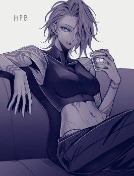 1girl arm_tattoo blue_eyes breasts closed_mouth commentary_request crop_top cup ear_piercing earrings highleg highleg_panties highres holding holding_cup jewelry looking_at_viewer medium_breasts medium_hair navel_piercing okkoooome panties pants path_to_nowhere piercing shirt shoulder_tattoo sitting sleeveless sleeveless_shirt smile solo tattoo toned toned_female underwear zoya_(path_to_nowhere)