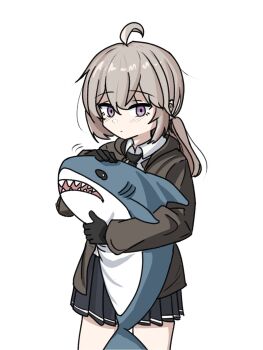 1girl black_gloves black_necktie black_skirt blush brown_hair brown_jacket closed_mouth coldlunch collared_shirt commentary cowboy_shot english_commentary girls&#039;_frontline gloves hair_between_eyes highres holding holding_stuffed_toy hood hood_down hooded_jacket ikea_shark jacket long_hair looking_at_viewer low_ponytail m200_(girls&#039;_frontline) necktie open_clothes open_jacket petting pleated_skirt ponytail purple_eyes serious shirt sidelocks simple_background skirt solo stuffed_animal stuffed_shark stuffed_toy thighs white_background