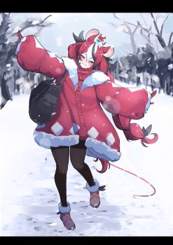 1girl absurdres alternate_costume animal_ears black_bag black_bow black_hair black_pantyhose blue_eyes blush bow braid braided_ponytail brown_footwear cafelittle coat fur-trimmed_coat fur_trim hair_bow hakos_baelz highres hololive hololive_english long_hair looking_at_viewer mouse_ears mouse_girl mouse_on_head mouse_tail mr._squeaks_(hakos_baelz) multicolored_hair pantyhose red_coat red_hair red_sweater shoes smile snow snowing streaked_hair sweater tail very_long_hair virtual_youtuber white_hair